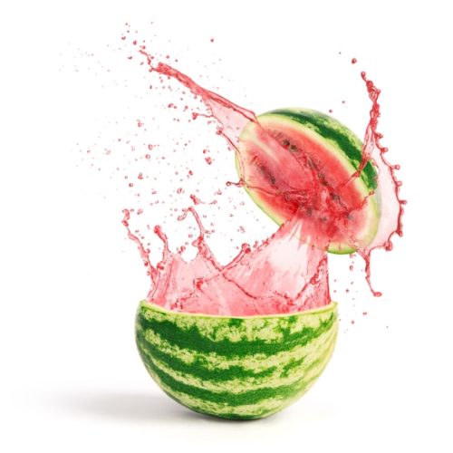 watermelon with slice and splash of juice isolated on white background