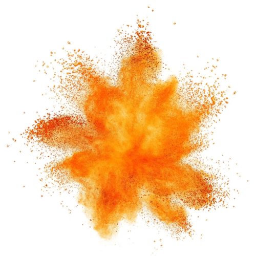 orange powder explosion isolated on white background